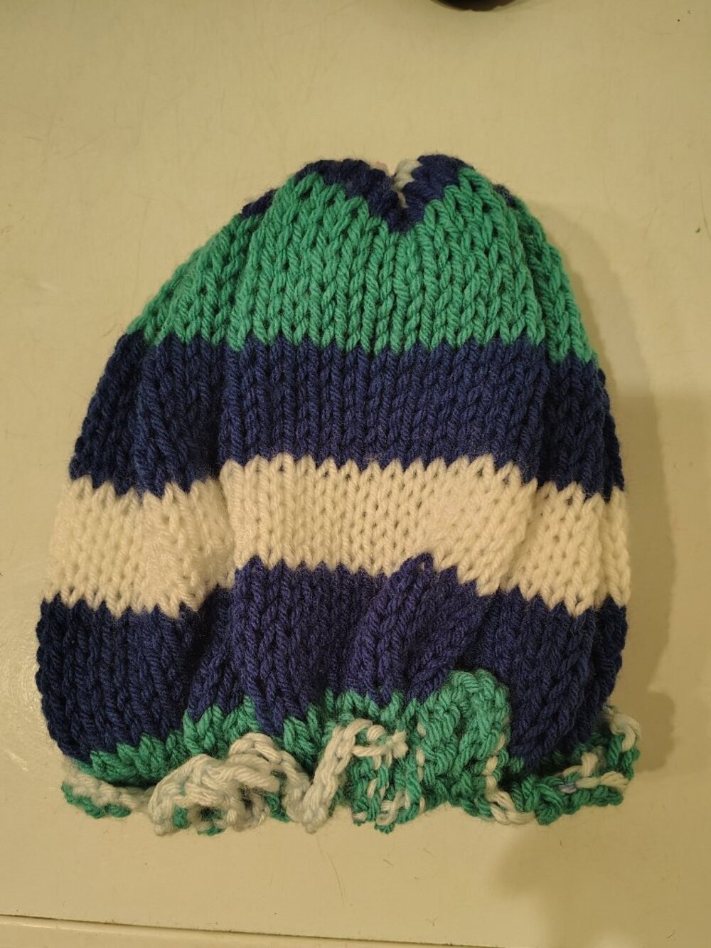 Hand-Knit Striped Beanie Hat (Blue, White, Teal) - Custom Design
